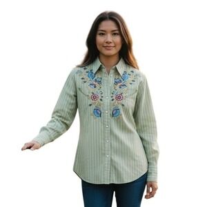 Women's Sage Green Embroidered Button-Down Shirt